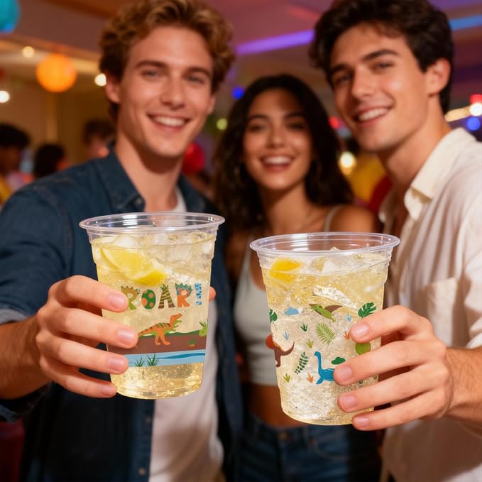 100 Pcs Dinosaur Cups, 12oz Dinosaur Plastic Clear Disposable Drinking Cups Dino Theme Tumbler for Dino Birthday Party Supplies Decorations