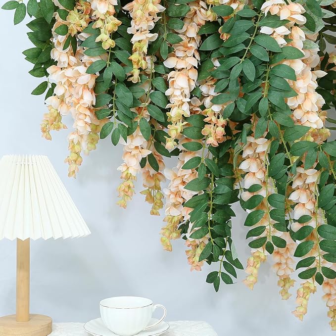 1pc/2pcs Encrypted Flower Vine Wisteria Artificial Flowers Garland,White Wisteria Hanging Flowers Garland Decorations for Home Garden Outdoor Ceremony Wedding Arch Decoration (Champagne Color, 2pcs)