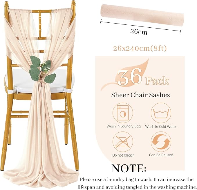 QueenDream Sheer Fabric Wedding Chair Sashes: 36PCS Tulle Church Chair Cover Long Chairs Bows Aisle Drapes Party Decorations Champagne