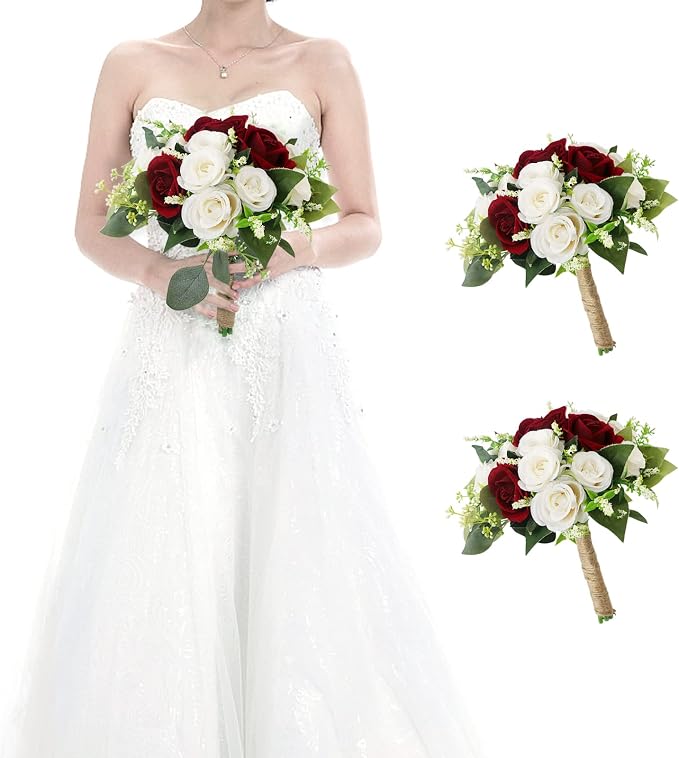 Set of 2 Bridesmaid Bouquets for Wedding - 7 Inch Artificial Wedding Flower Bouquet for Party Ceremony Anniversary Dinning Table Centerpieces Decor - Burgundy & White