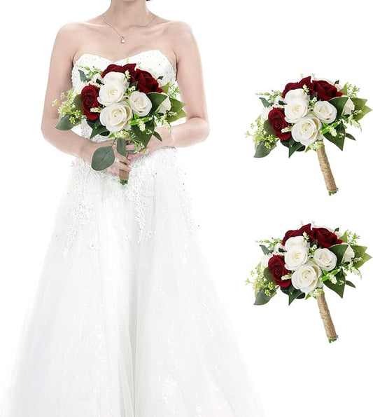 Set of 2 Bridesmaid Bouquets for Wedding - 7 Inch Artificial Wedding Flower Bouquet for Party Ceremony Anniversary Dinning Table Centerpieces Decor - Burgundy & White