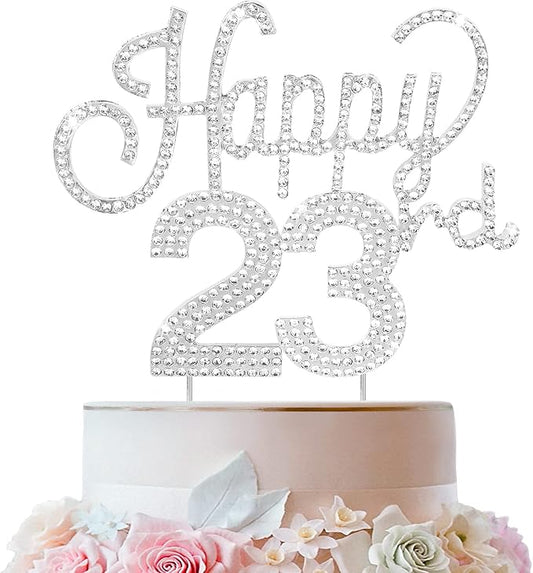 LINGTEER Happy 23rd Birthday Silver Rhinestone Cake Topper - Cheers to 23rd Birthday 23 Years Old Party Cake Centerpieces Topper Decorations Gift Sign.
