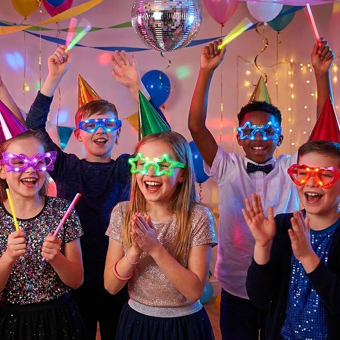 72 Packs LED Glasses for kids Glow in the dark Party Supplies Favor,6 LED 6 Shapes Glasses Flashing Plastic Light up Glass Toys Bulk 3 Replaceable Battery fit Halloween Christmas Thanksgiving