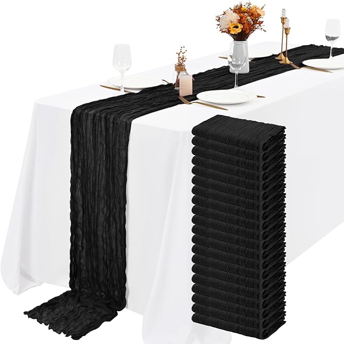 20 Pack Black Table Runner 10Ft Cheesecloth Table Runner Boho Long Cheese Cloth Table Runners Romantic Sheer Fabric Gauze Table Runners for Wedding Party Bridal Shower