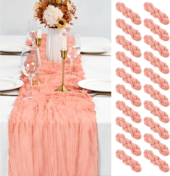 20 Pack Coral Table Runner 10Ft Cheesecloth Table Runner Boho Gauze Table Runners Romantic Long Sheer Fabric Cheese Cloth Table Runners for Wedding Party Bridal Shower