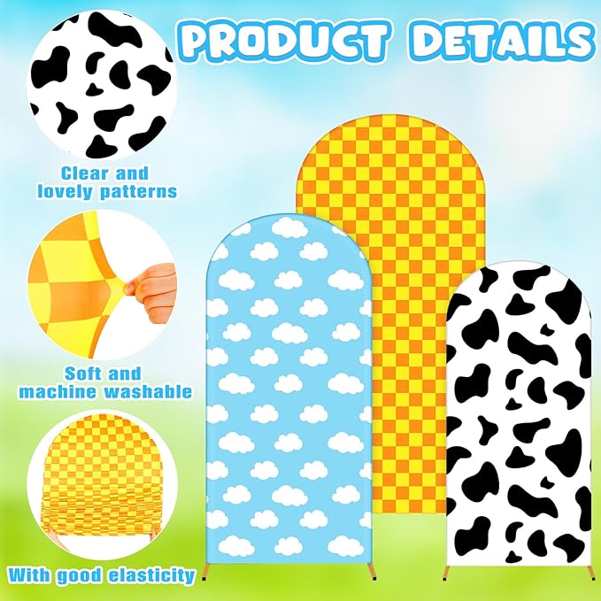 Foilswirl 34 Pieces Toy Themed Birthday Party Decorations Arch Backdrop Covers 4ft 5ft 6ft Spandex Arch Backdrop Cover Cow Blue Sky Cloud Print Balloons Inspired Birthday Cartoon Themed Party Decor