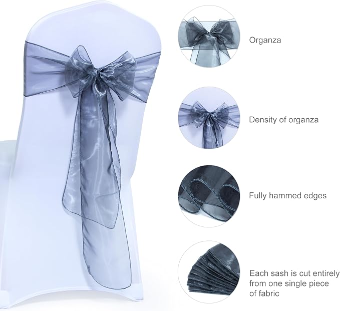 MDS® Pack of 200 Organza Chair Sashes for Wedding Decoration, Reusable Sheer Chair Bows for Banquet Chair Cover, Reception, Bridal Shower, Baby Shower, Birthday Party & Special Events - Silver Grey
