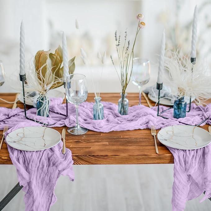 Cheesecloth Table Runner 6 Pack – 35x120 Inch (10ft) Boho Rustic Gauze Cloth Runners – Crinkle Polyester Table Decor for Wedding, Baby Shower, Bridal Shower, Birthday Party and More (Lilac Purple)