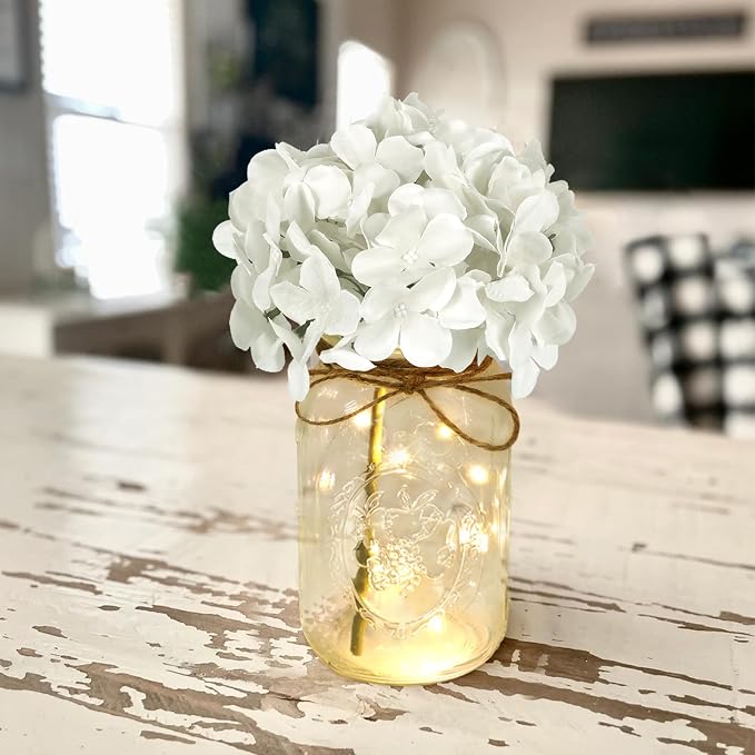 Set of 3 Mason Jar with Lights White Hydrangea Decorative Jars Flower Vase Farmhouse Table Centerpiece for Home Wedding Event Party Decor