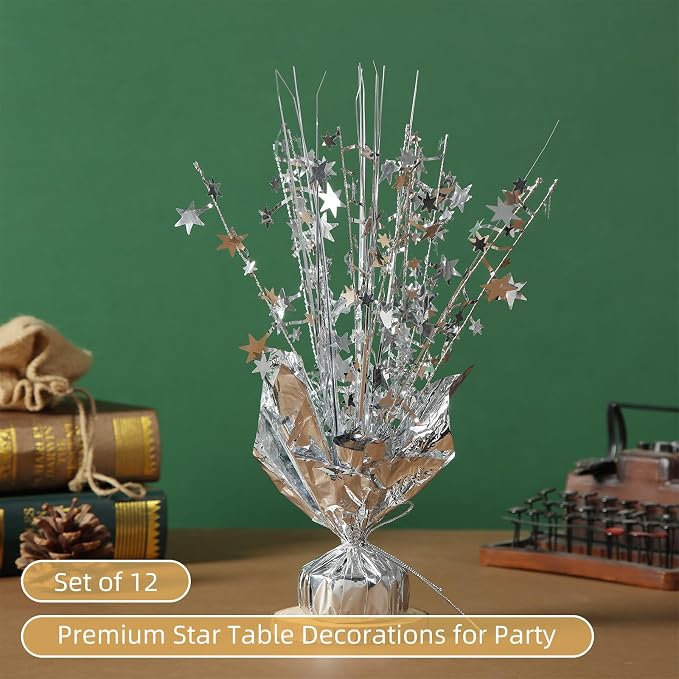 12 Pack Silver Metallic Foil Spray Centerpiece Star Table Decoration Burst Table Centerpieces for Birthday New Year Wedding Anniversary Graduation Party Supply (Silver)