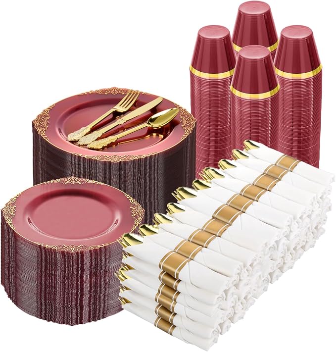 700 PCS Burgundy and Gold Plastic Plates, Disposable Dinnerware Set for 100 Guests, 200 Disposable Plates, 300 Silverwares, 100 Cups, 100 Napkins for Wedding, Party, Graduation