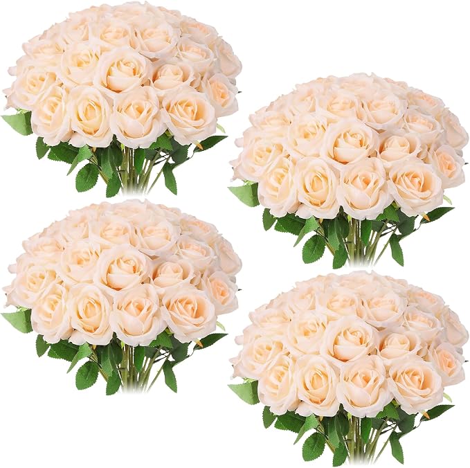 36 Pcs Champagne Artificial Roses with Long Stems, Fake Silk Rose Artificial Flowers Bulk for Bridal Wedding Bouquet Centerpiece Ball Arrangement Party Decor