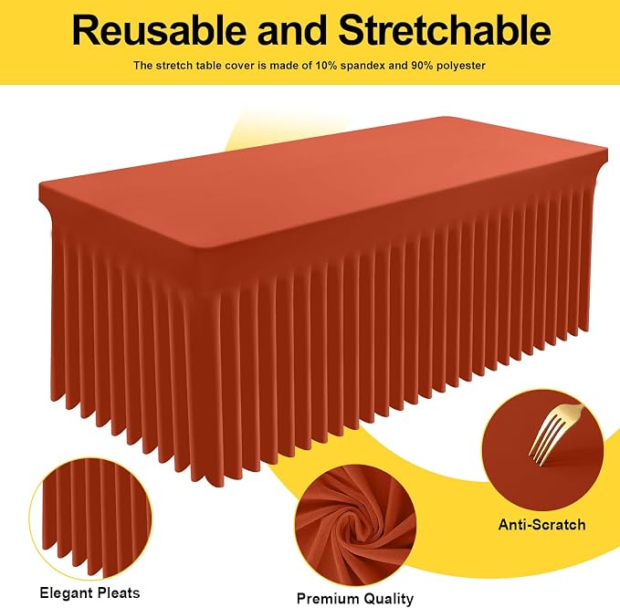 Smiry Spandex Tablecloth 2 Pack, Elastic Fitted Stretch Tablecloth for 8FT Rectangle Tables, Waterproof Washable Table Cover Skirt for Outdoor, Wedding, Banquet & Parties (Rust, 96Lx30Wx30H Inch)
