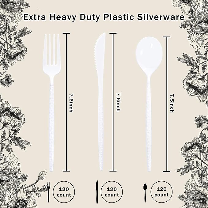 Supernal 360pc Heavy Duty White Plastic Silverware Set for Wedding Party | Durable Hammered Cutlery Flatware Utensils (120 Forks, 120 Knives, 120 Spoons) Bulk Pack for Catering Birthday