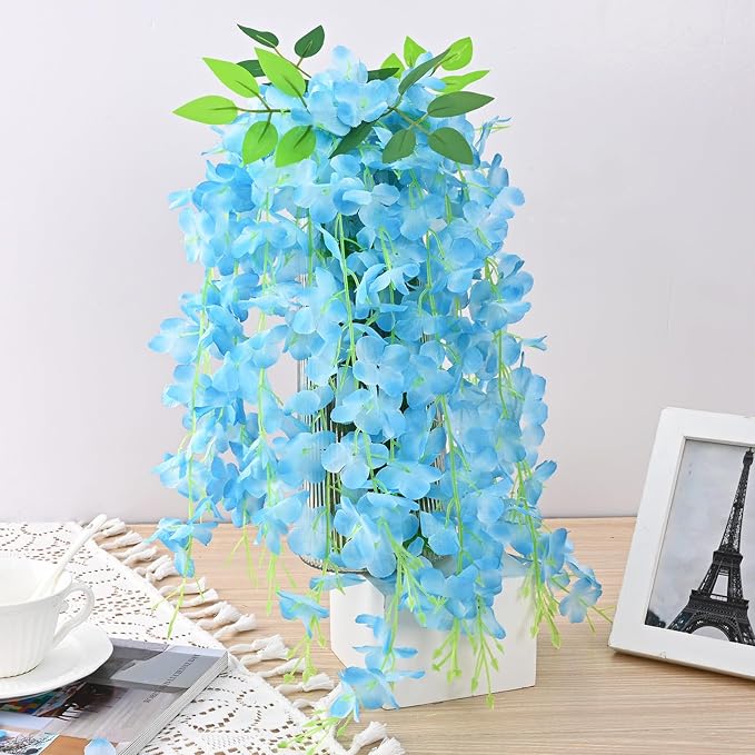 12Pcs Artificial Wisteria Hanging Flowers, 3.6Ft/Pcs Blue Fake Wisteria Garland for Wedding Party Home Garden Indoor Outdoor Decoration
