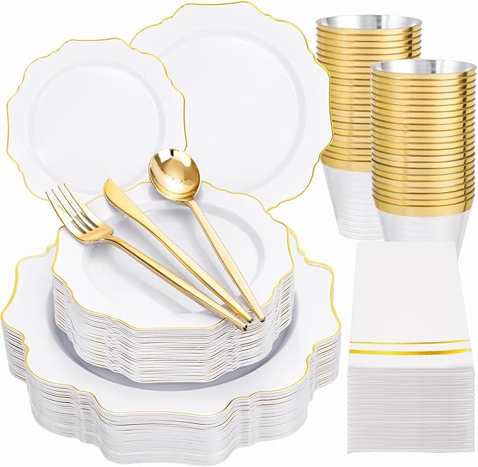 WDF 175Pcs Gold Plates Disposable - White and Gold Plastic Plates 25guest Plastic Dinnerware Ideal for Party/Wedding/First Communion/Spring