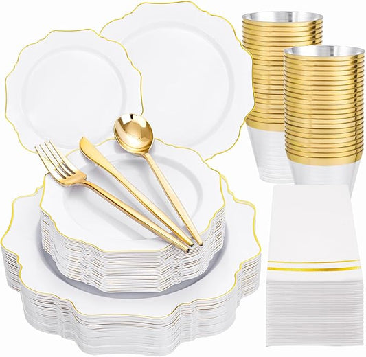 WDF 175Pcs Gold Plates Disposable - White and Gold Plastic Plates 25guest Plastic Dinnerware Ideal for Party/Wedding/Ramadan/Spring/Mother's Day