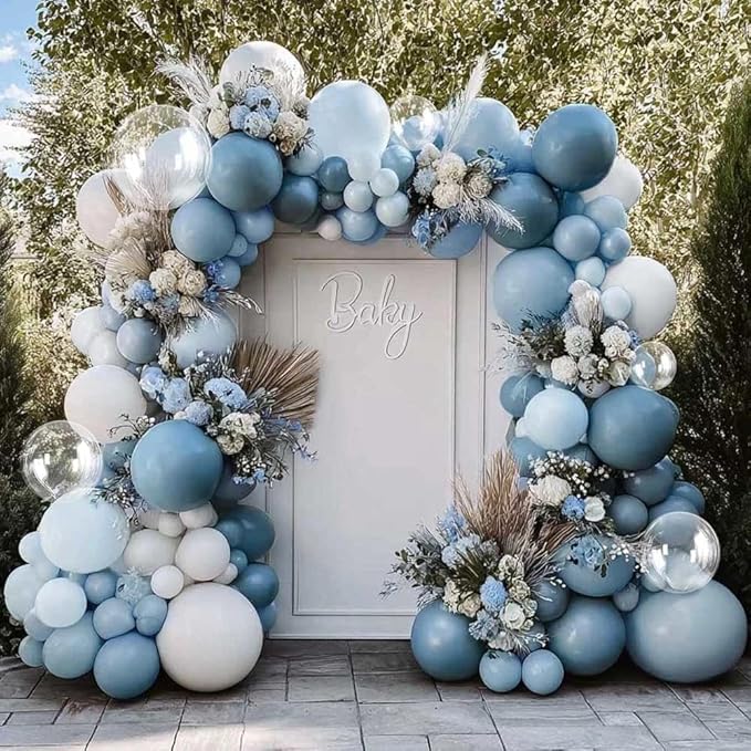 Dusty Blue White Balloon Arch Kit Double Stuffed Pastel Slate Blue White Matte Latex Balloon Garland for Baby Shower Birthday Bridal Wedding Mothers Day Party