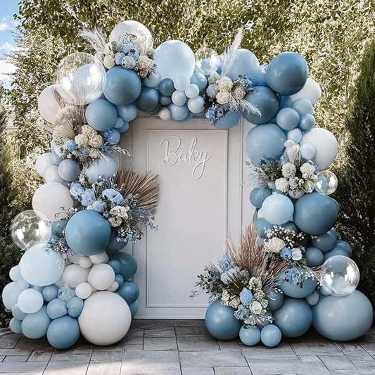 Dusty Blue White Balloon Arch Kit Double Stuffed Pastel Slate Blue White Matte Latex Balloon Garland for Baby Shower Birthday Bridal Wedding Mothers Day Party