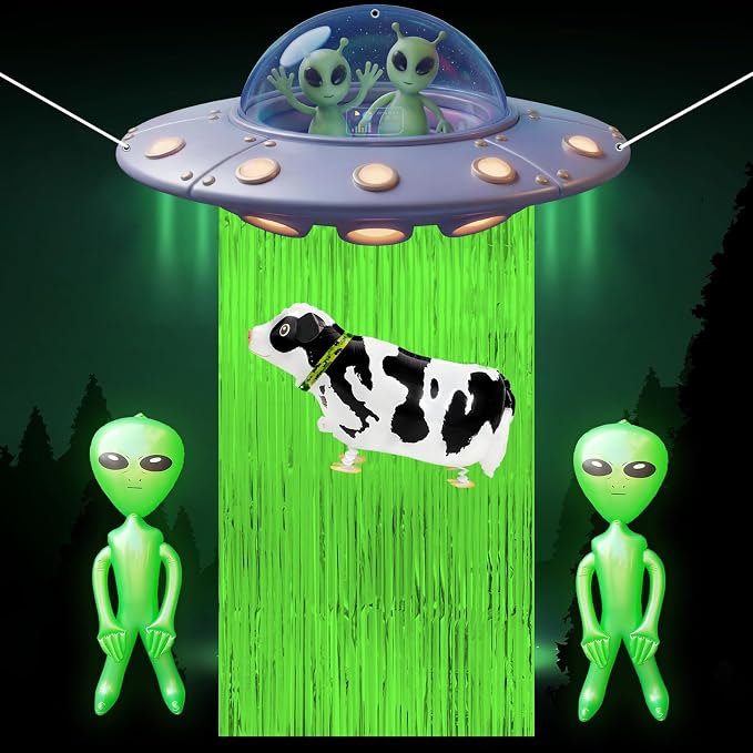 Alien Party Supplies Outer Space Theme Birthday Decor with Tinsel Foil Fringe Curtain Cow Balloon Spaceship Hanging Banner Backdrop for Birthday Baby Shower Wall Door Decor