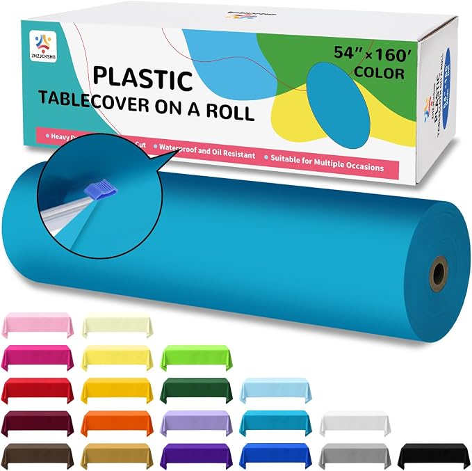 54IN X 160FT Plastic Table Cover Roll with Cutter Box, Cut to Size Plastic Table Cloths for Parties, Birthday, Disposable Tablecloth Roll for All Shape Tables (Turquoise, 54 Inch X 160 Feet)