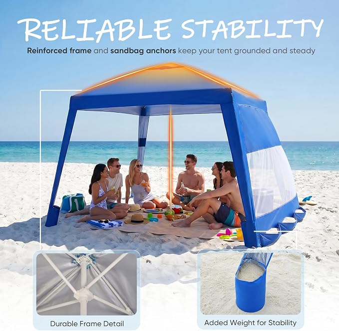 Sekey Beach Cabana - 8x8 FT Easy Setup Beach Shade Canopy UPF 50+ Sun Shelter with Sandbag & Side Wall, Large Portable Outdoor Tent for Family, Blue
