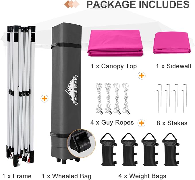 EAGLE PEAK Commercial Canopy 12x12 Pop Up Canopy Tent with 1 Sidewall, Easy Setup Heavy Duty Instant Event Shelter for Vendors & Markets, Outdoor Sun Shade, Pink
