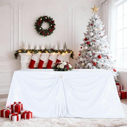 PartyDelight Sequin Tablecloth White Table Cloth Rectangular 60"x102"