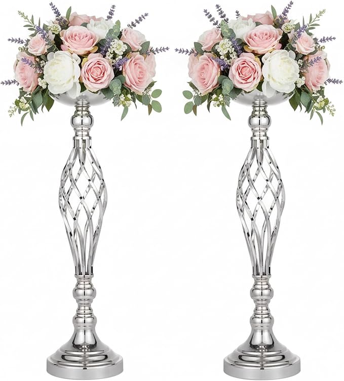 Silver Wedding Vases for Table Centerpieces - 2pcs of Twist Candleholder Stands, Elegant Floral Arrangement Vases, Metal Centerpieces for Reception Table Wedding Road-Leading Home Decor
