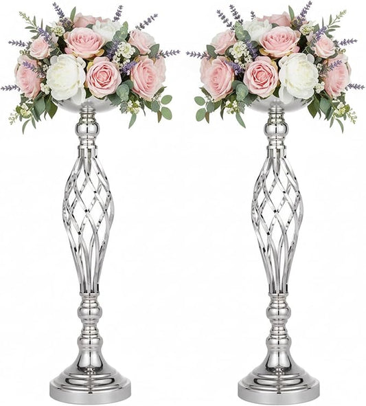 Silver Wedding Vases for Table Centerpieces - 2pcs of Twist Candleholder Stands, Elegant Floral Arrangement Vases, Metal Centerpieces for Reception Table Wedding Road-Leading Home Decor