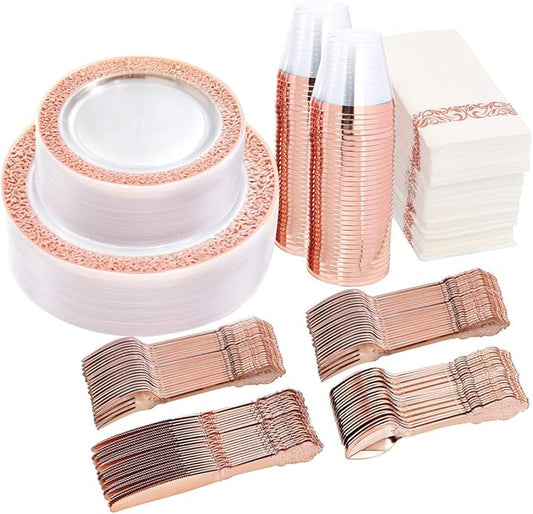I00000 50 Guests Clear Rose Gold Plastic Plates - Disposable Dinnerware Set Includes: 100 Clear Rose Gold Plastic Plates, 150 Silverware, 50 Napkins, 50 Cups Perfect for Valentine's Day & Wedding