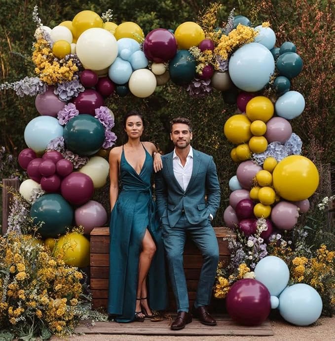 Blue Yellow Purple Balloon Arch, Double Stuffed Dusty Blue Purple Balloon Garland Kit with 6pcs Hydrangea Artificial Flowers for Baby Shower Birthday Boho Floral Wedding Party Decoration