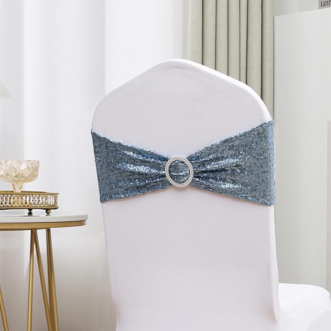 50 Pack Sequin Dusty Blue Chair Sashes for Wedding Chairs Bands Bows for Party Birthdya Banquets Birthday Anniversary Outdoor Events Decorations