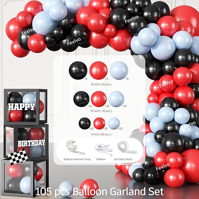 Race Car Birthday Party Decorations for Boys, 293PCS All-in-One Car Themed Birthday Party Decorations Set for 25 Guests, with Balloon Arch, Banner, Plates, Tablecloths and Cupcake Toppers