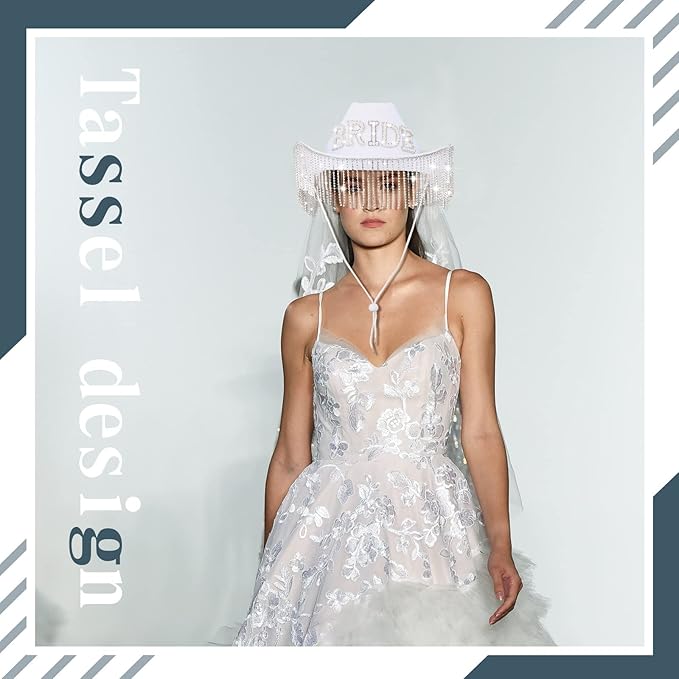 Patelai 2 Pcs Bride Hat Cowgirl Bachelorette Party Cowboy Hat with Rhinestone Tassels Sash Bride to Be Gift Bridal Wedding(Strip Rhinestone Fringe)