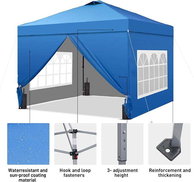 GDY 10x10 Pop Up Canopy Tent with 4 Sidewalls, Easy Set up with One Push Lift Outdoor Silver Coated Beach Gazebos, Carpas with 4 Sandbags, for Events, Parties, and Camping, Blue.