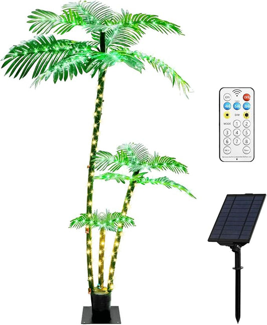 Artificial Solar Palm Trees for Outside Patio, Light Up 6.3Ft 219 LED Plug in Fake Tree, with 8 Modes & Timer & Waterproof, for Christmas/Pool/Yard/Hawaiian Office/Party/Bar Decor ﻿