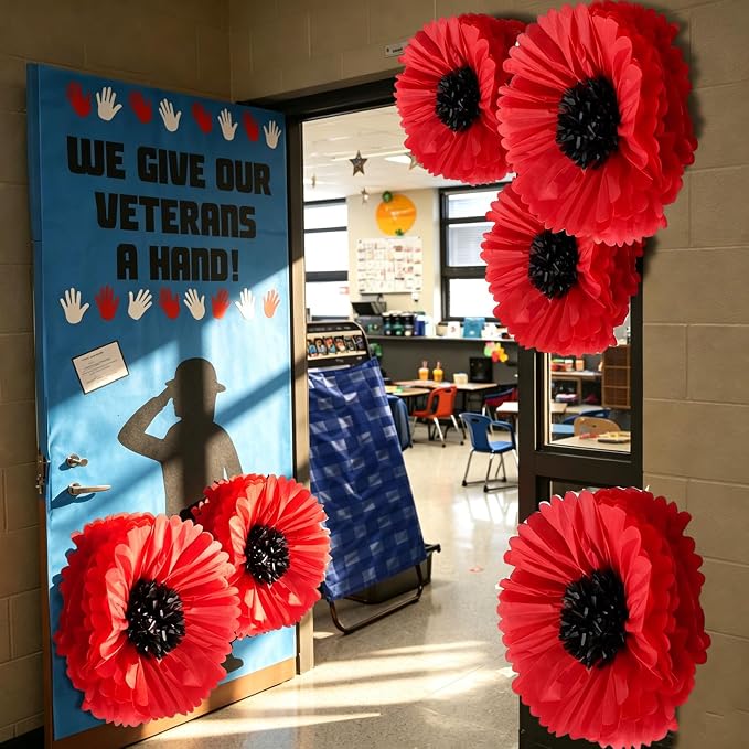 Giegxin 6 Pcs 31.5", 24" Giant Poppy Paper Flowers Wizard Party Decoration Large Red Poppies Veterans Patriotic Tissue Poppy Big Paper Flowers Decorations for Wall Memorial Day Halloween Birthday