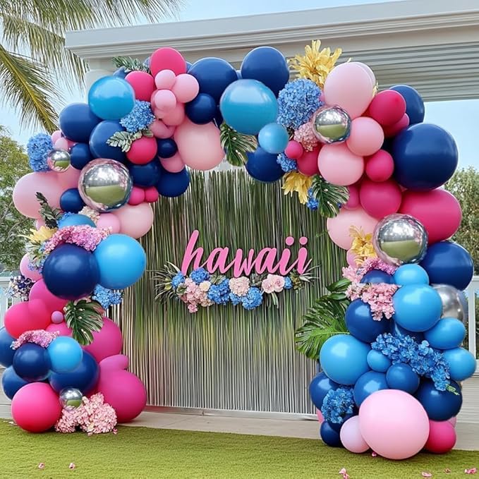 Navy Blue Pink Balloon Garland Double Stuffed Dark Blue Hot Pink Silver Balloons Royal Pastel Balloon Arch Kit for Birthday Gender Reveal Baby Shower Graduation Tropical Hawaii Party Decorations
