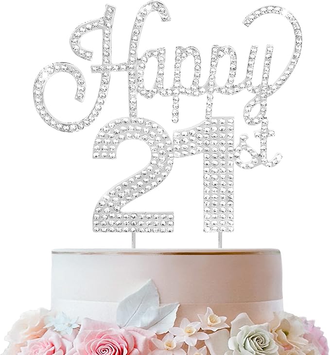 LINGTEER Happy 21st Birthday Silver Rhinestone Cake Topper - Cheers to 21st Birthday 21 Years Old Party Cake Centerpieces Topper Decorations Gift Sign.