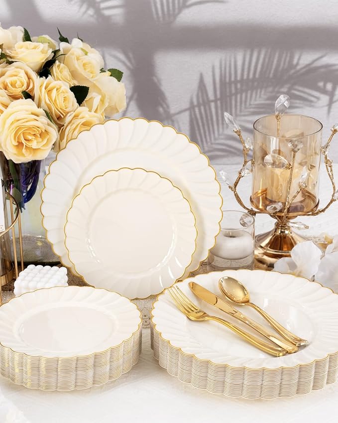 YOUBET 100PCS Ivory Scalloped Plastic Plates - Heavy Duty Gold Disposable Fancy Hard Plates Include 50 Dinner Plate, 50 Dessert Plate, for Wedding & Party
