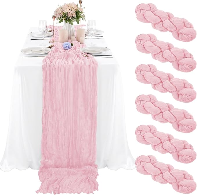 6 Pcs Light Pink Cheesecloth Table Runner 10FT, Gauze Table Runner for Wedding Reception Sheer Bridal Shower Birthday Party Boho Table Decoration, Rustic Romantic Wedding Runner