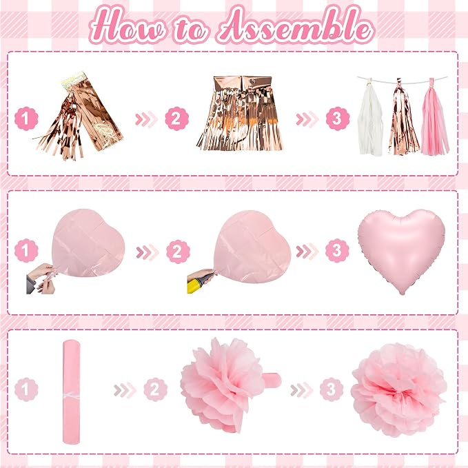 Pink Bow Birthday Party Decorations, Coquette Bow Light Pink and White Confetti Long Balloons Happy Birthday Banner Fringe Curtain Tassel Pompoms for Women Girls Theme Baby Shower Party Supplies