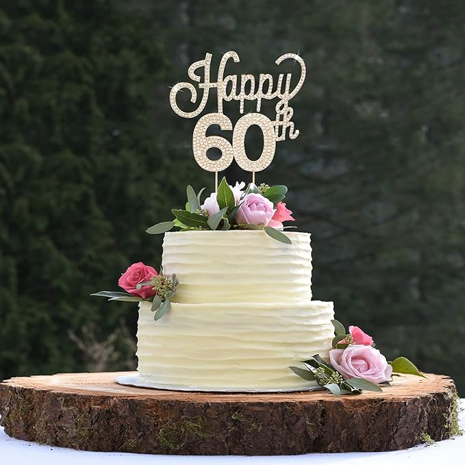 LINGTEER Happy 60th Birthday Gold Rhinestone Cake Topper - Cheers to 60th Birthday Sixty Years Old Anniversary Party Cake Centerpieces Topper Decorations Gift Sign.