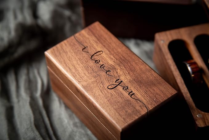 MUUJEE Quad Wooden Ring Box for Wedding Ceremony - Engraved Ring Holder Box for Engagement Proposal Anniversary and Valentines Day Gift for Him or Her (I Love You)