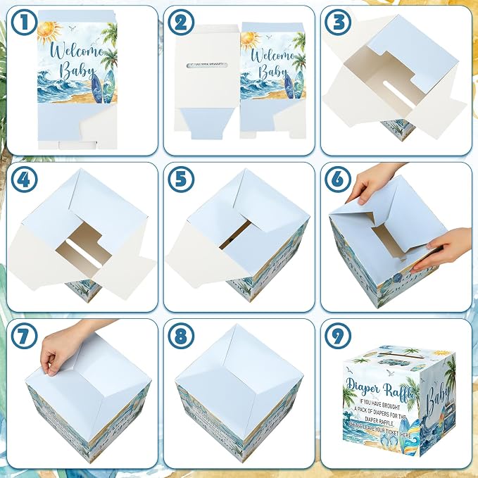 Teling 51 Pieces Diaper Raffle Tickets with Card Box Baby Shower Decorations Gender Reveal Holder Box for Girl Boy Diaper Raffle Party(Surf, Baby on Board)