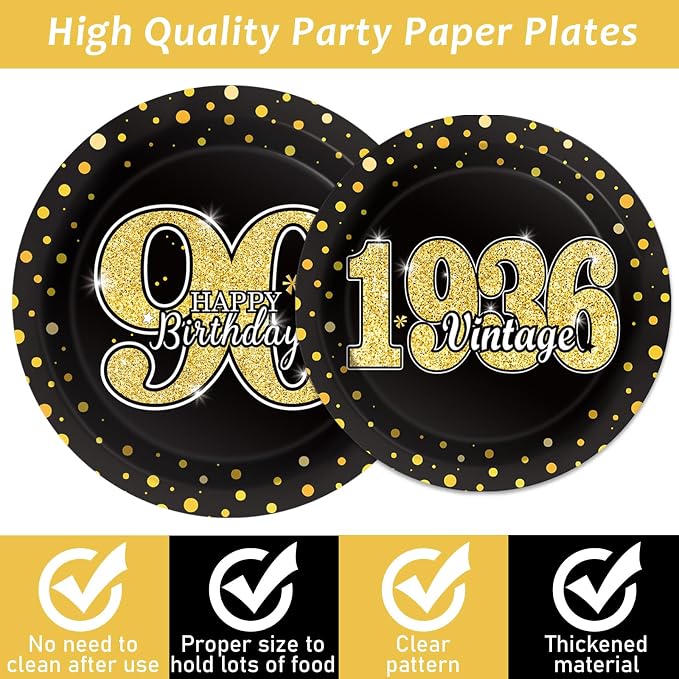 200PCS 90th Theme Birthday Party Tableware Vintage 1936 Party Supplies 90 year old Birthday Party Decorations Plates Napkins Forks Black and Gold Dinnerware Favors for Men or Women
