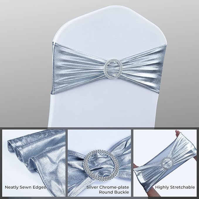 Spandex Chair Sashes Bows - Babenest 50PCS Premium Stretch Chair Cover Band with Buckle Slider Universal Elastic Chair Ties for Wedding Party Ceremony Reception Banquet Decoration (Metallic Silver)