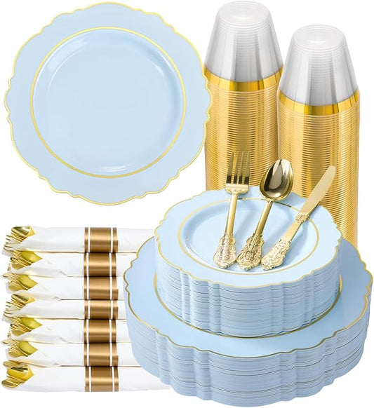 realluck 350 Piece Light Blue Plastic Dinnerware Set for 50 Guests Elegant Baroque Disposable Dinnerware for Weddings, Parties, 100 Plastic Plates, 50 Pre Rolled Napkins with Silverware, 50 Cups