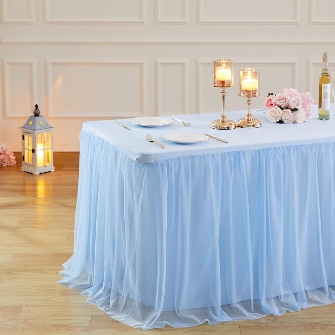 Baby Blue Tulle Tablecloth Table Skirt for 6 Foot Rectangle Tables, Baby Shower Blue Table Cloths Ruffle Tutu Table Skirt Stretch Fitted Table Covers for Wedding Birthday Party Reception Celebration